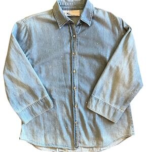 Vintage Denim Shirt M Rhinestone Western Button Down Cowgirl Y2K